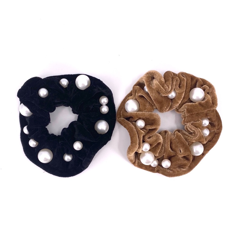 Set of 2 Velour Velvet Pearl Beaded Scrunchies